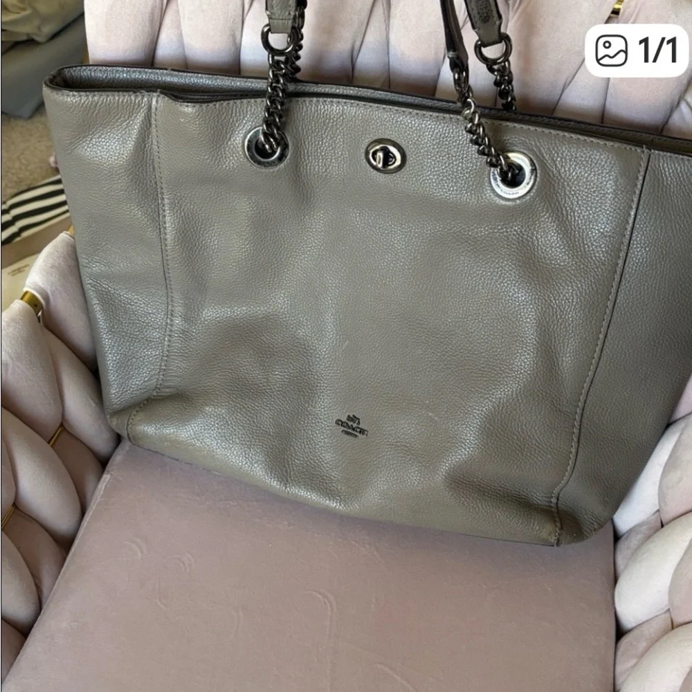 Coach Gray Leather Tote with Chain Handles and Turnlock - Picture 2 of 16